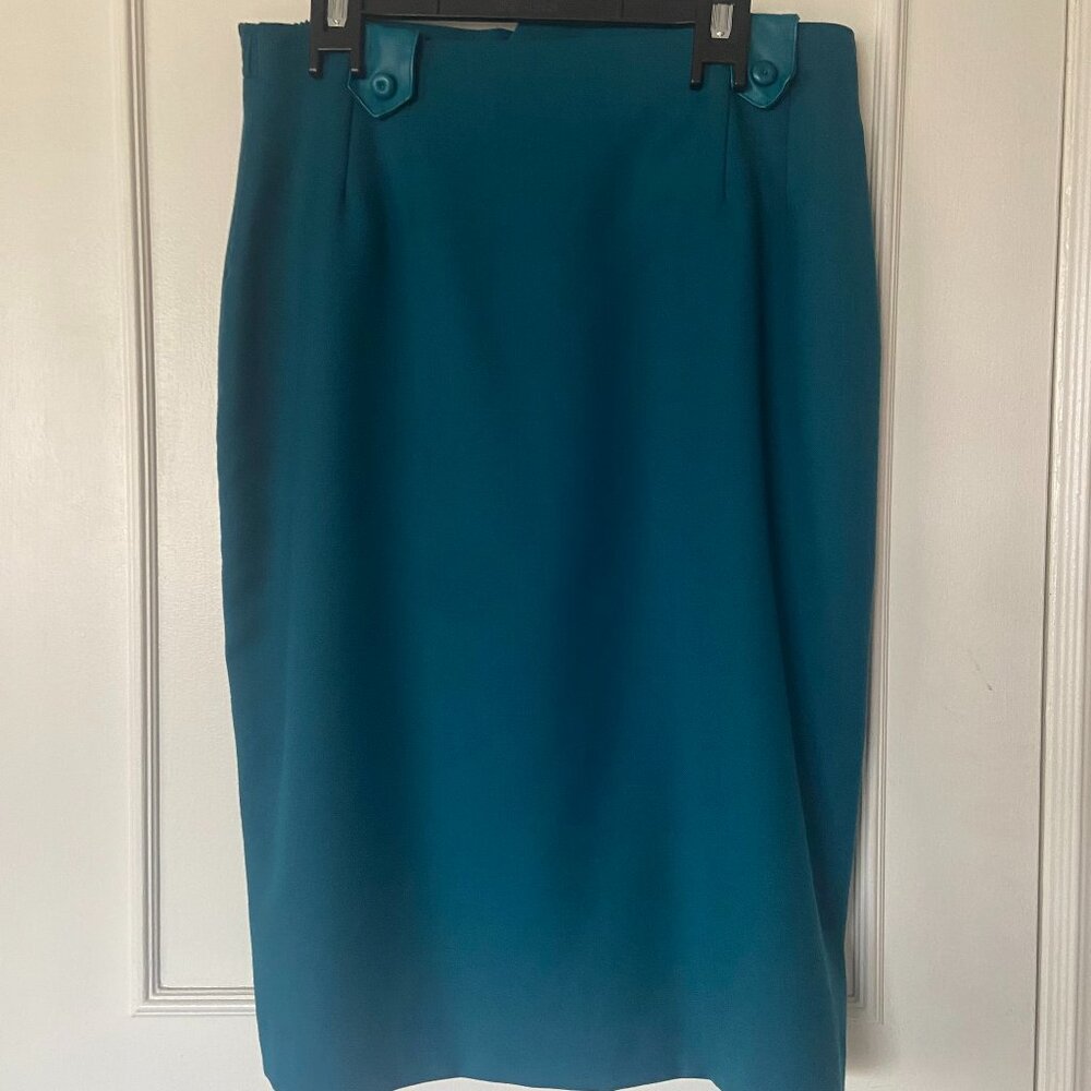 Vintage Teal Skirt with Leather-look accents - Size 8 - Office, Career, Work